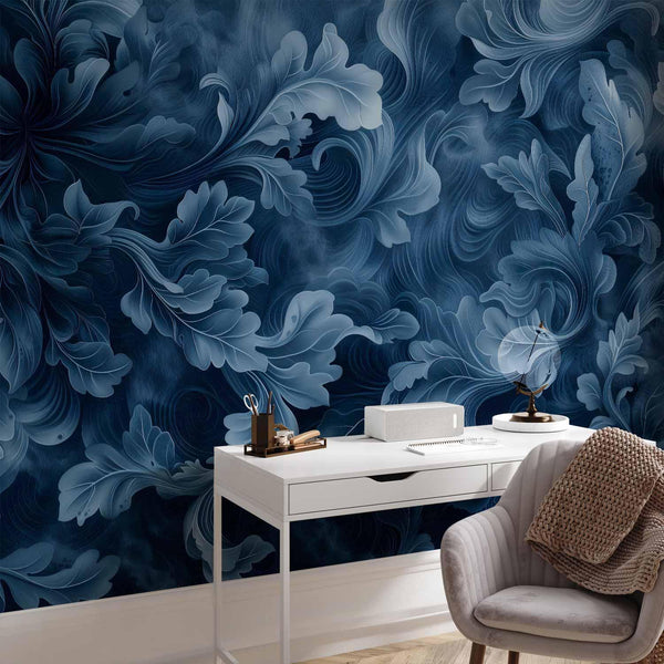 Carta da parati - Abstract Ornaments: Dark Blue Victorian Leaves