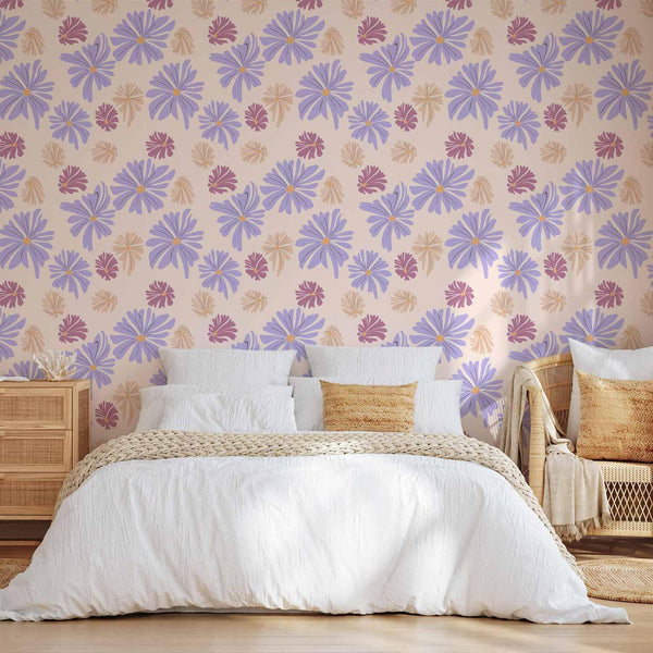 Tappezzeria murale - Floating Flowers - Tiny - wind-borne flowers in three colors - on a light background