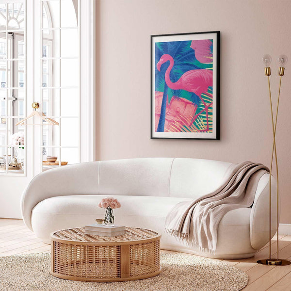 Poster - Pink Flamingo - abstract flamingo against a background of palm trees and ice cubes