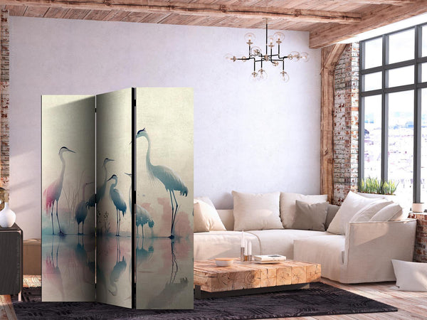 Paravento - Birds by the lake – herons painted in watercolours in delicate grey and pink colours