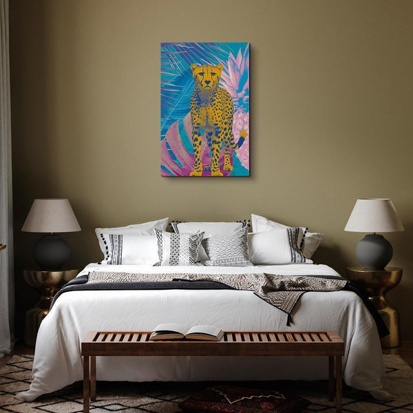 Quadro - Exotic Leopard - Colorful Portrait of a Cheetah Against Tropical Leaves