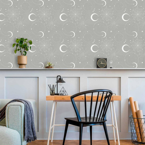 Tappezzeria murale - Cosmic Fireworks - Elegant pattern with moons and stars on a gray background