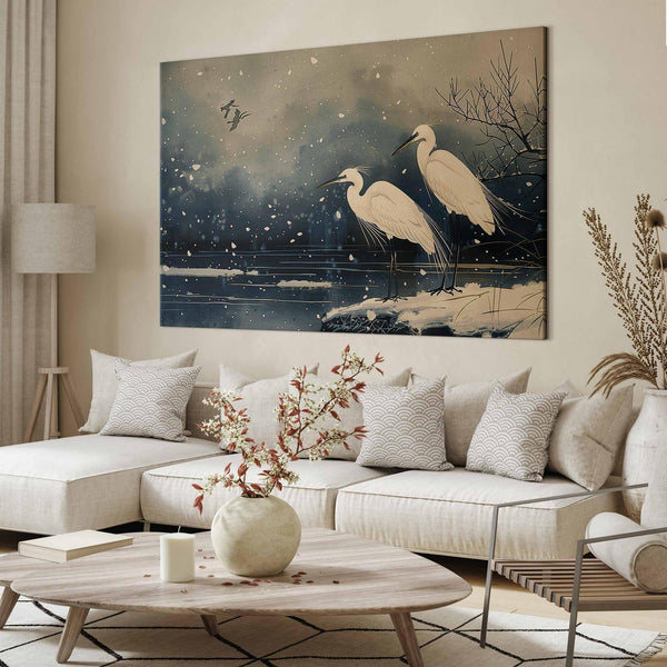 Quadro XXL - Herons over a winter pond - Japanese-style illustration in dark colours