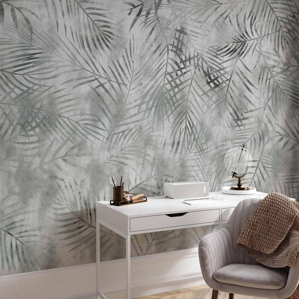 Carta da parati - Minimalist landscape - nature motif with grey exotic leaves
