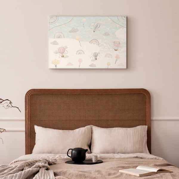 Quadro - Sky with Balloons - Balloons in Subdued Colors Flying in the Sky Among Clouds Rainbows and Stars