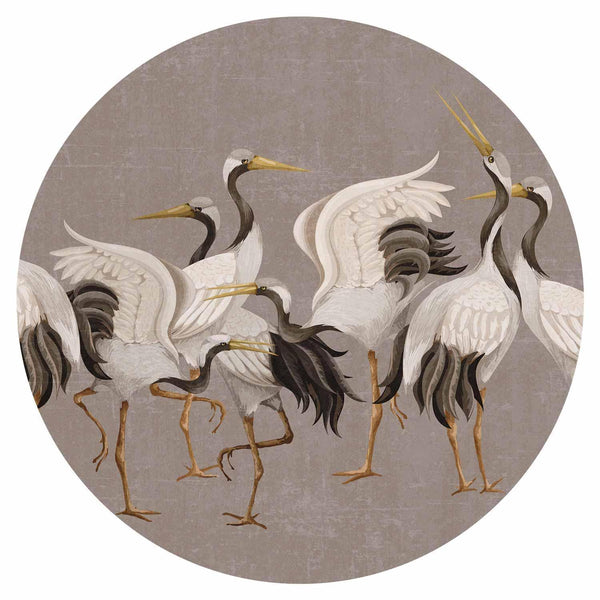 Carta da parati rotonda - Cranes dancing - bright silhouettes of birds on a warm grey background with texture