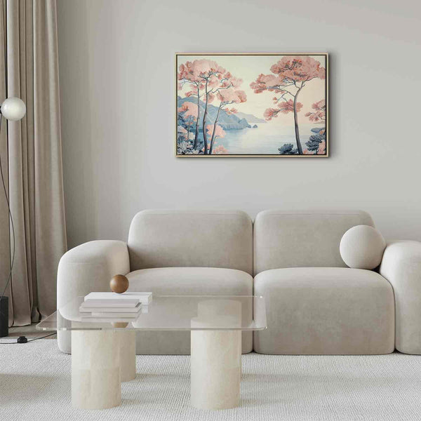 Quadro - Landscape with the Ocean Cliffs and Trees in Delicate Pink Shades