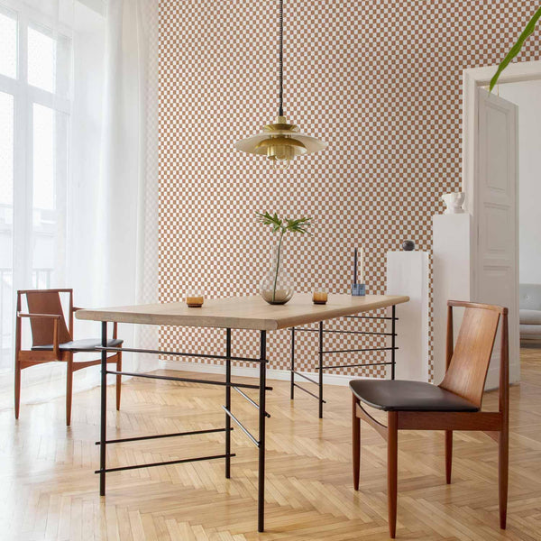 Tappezzeria murale - Checkerboard Pattern - Brown-White Grid with a Subtle Noise