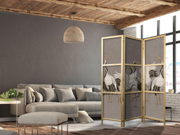 Paravento giapponese - Crane dance - bright silhouettes of birds on a warm grey background with texture