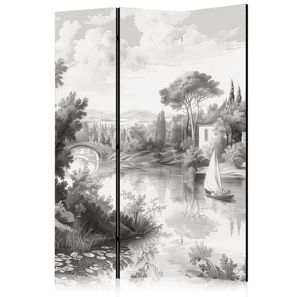 Paravento - Black and White Vintage Landscape - Retro View of a Pond with a Boat