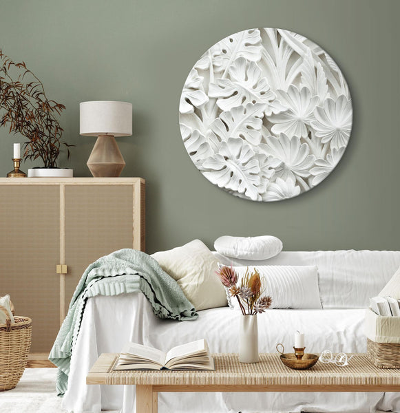 Quadro rotondo - Carved Nature - Pattern With White Leaves Made of Stone