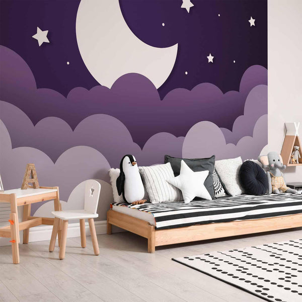 Carta da parati - Moon dream - clouds in a purple sky with stars for children