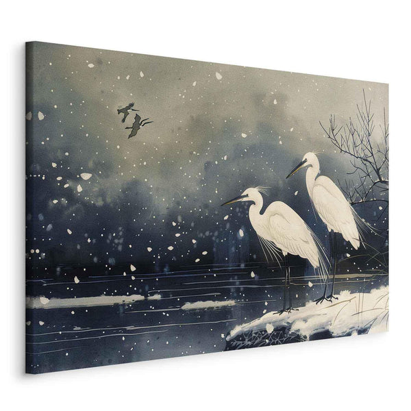 Quadro - Herons over a winter pond - Japanese-style illustration in dark colours
