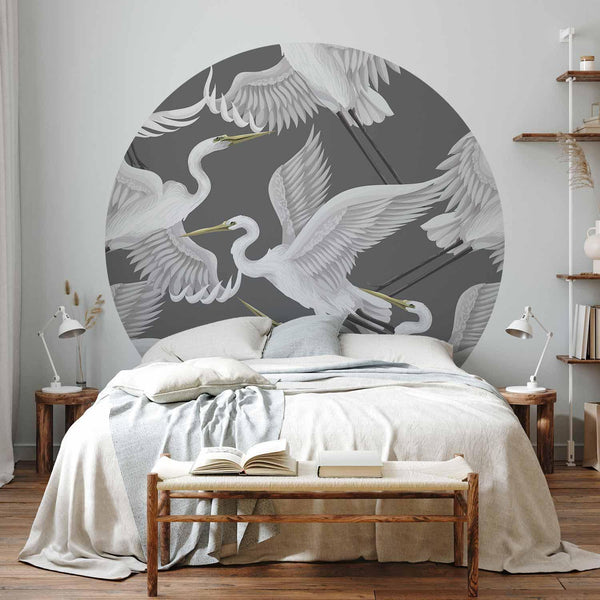 Carta da parati rotonda - Pastel birds – a delicate pattern of white and grey herons on a light pink background