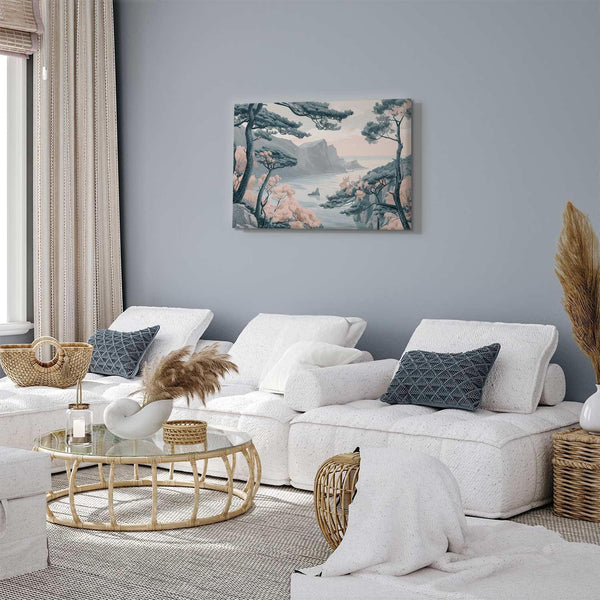 Quadro - Mountainous Coast with Trees and Rocks in Light Pastel Blues