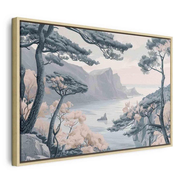 Quadro - Mountainous Coast with Trees and Rocks in Light Pastel Blues