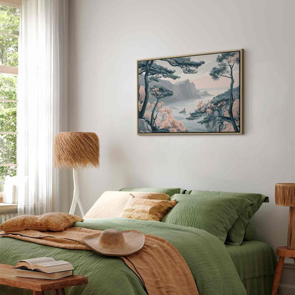 Quadro - Mountainous Coast with Trees and Rocks in Light Pastel Blues