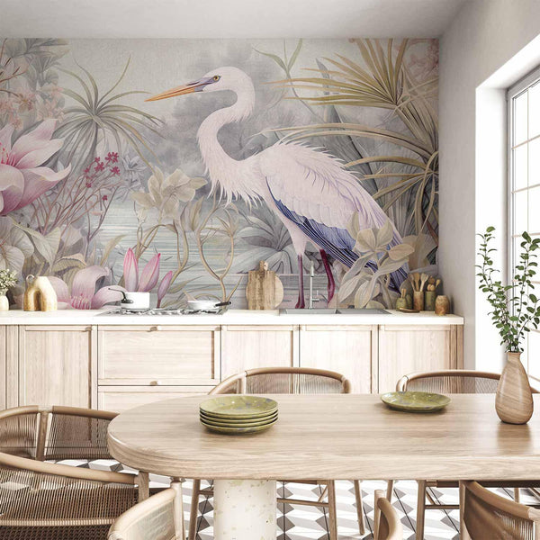 Carta da parati - Heron wading in a pond - illustration in bright colours