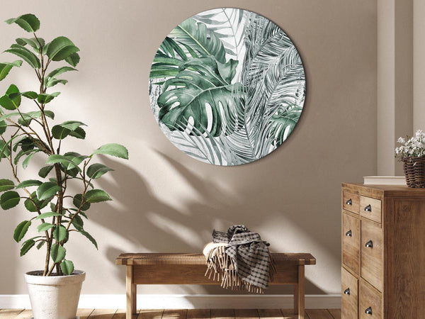 Quadro rotondo - Exotic flora - A variety of tropical vegetation in shades of celadon and sage green