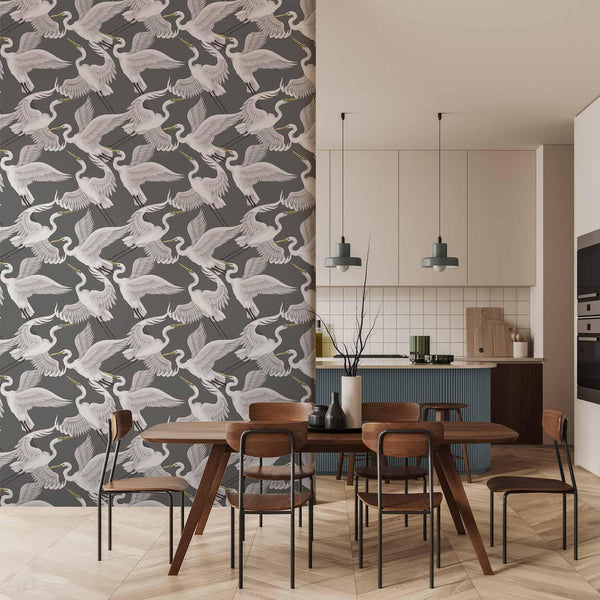 Tappezzeria murale - Flying birds – a delicate pattern of white and grey herons on a grey background