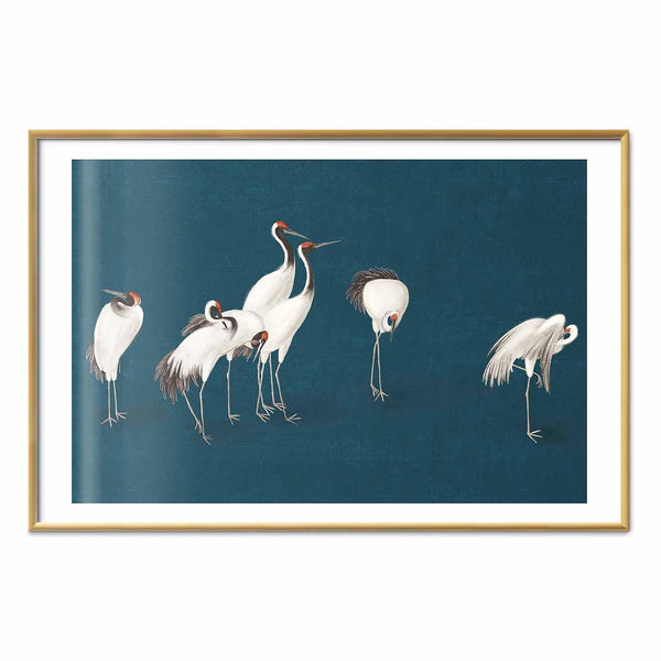 Poster - Evening at the Pond - group of cranes drawn in dry pastel on a dark turquoise background
