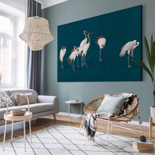 Quadro XXL - Evening by the pond - a group of cranes drawn in dry pastel on a dark turquoise background