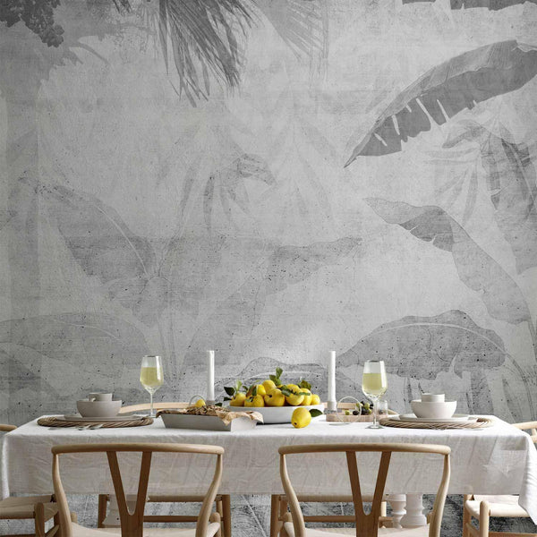 Carta da parati - Vanishing jungle - landscape of exotic trees and leaves in grey tones