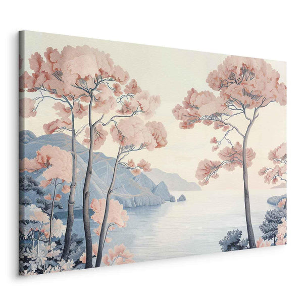 Quadro - Landscape with the Ocean Cliffs and Trees in Delicate Pink Shades
