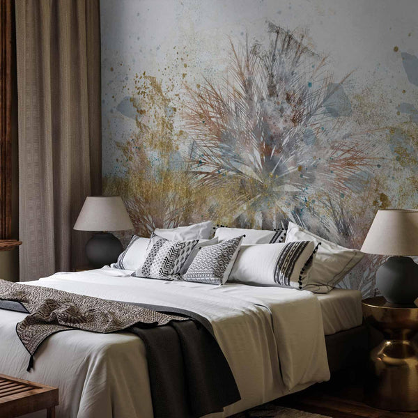 Carta da parati - Grey palms - plant motif in an abstract composition with patterns