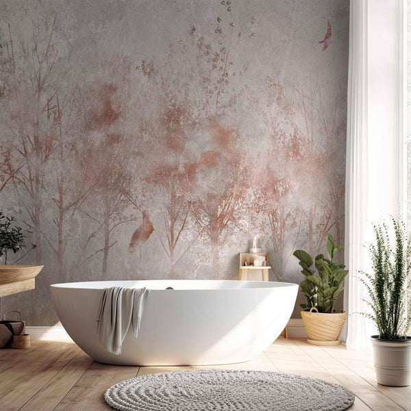 Carta da parati - Autumn landscape - abstract with trees and birds on a textured background