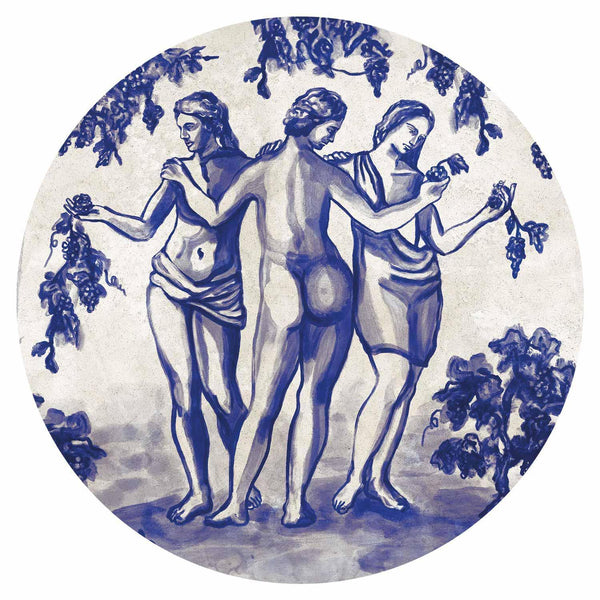Carta da parati rotonda - Ancient vineyard - three women in a portal painted with blue ink