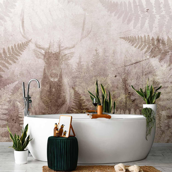 Carta da parati - Forest motif - deer with antlers among fern leaves on concrete pattern