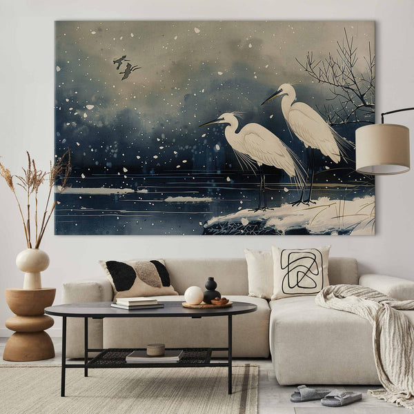 Quadro XXL - Herons over a winter pond - Japanese-style illustration in dark colours
