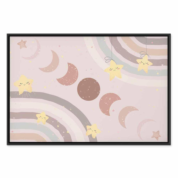 Quadro - Joyful Sky - Yellow Cheerful Stars with a Rainbow Against the Phases of the Moon in a Light Beige Sky Hue