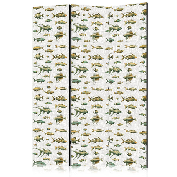 Paravento - Unusual Species of Fish - A Cluster of Fish in Muted Colors in Retro Style on a Background of Beige Strokes