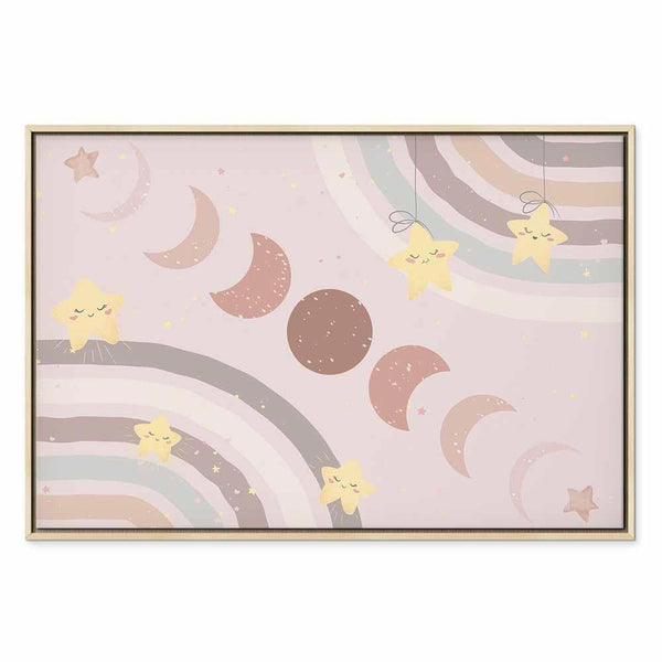 Quadro - Joyful Sky - Yellow Cheerful Stars with a Rainbow Against the Phases of the Moon in a Light Beige Sky Hue