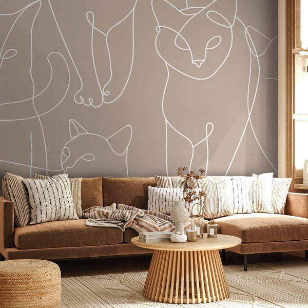 Carta da parati - Cat lineart - minimalist sketches of white cats on beige background