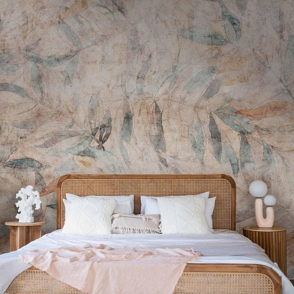 Carta da parati - Greek laurels - faded composition with leaves on a beige patterned background