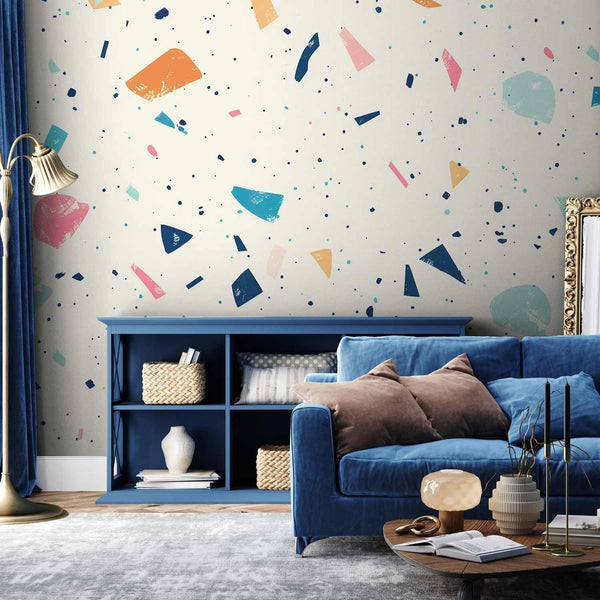 Carta da parati - Terrazzo with Multicolored Large Elements Cheerful Pattern on a Light Background