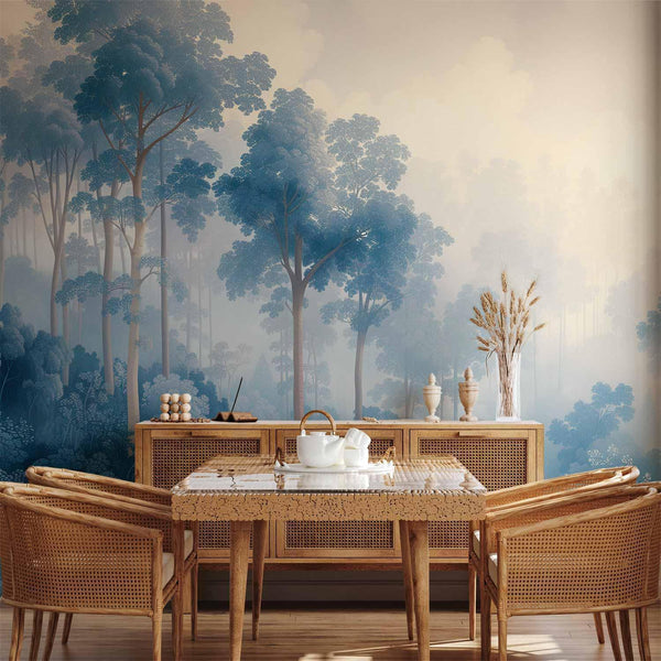 Carta da parati - Landscape with Trees in Illustrative Style Fairy-Tale Blue Forest