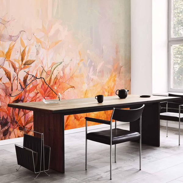 Carta da parati - Flaming meadow - nature landscape with meadow of flowers and leaves in watercolour style