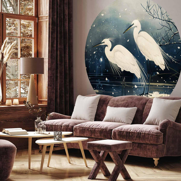Carta da parati rotondi - Herons over a winter pond - Japanese-style illustration in dark colours