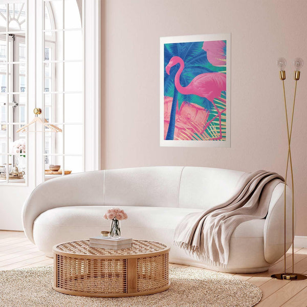Poster - Pink Flamingo - abstract flamingo against a background of palm trees and ice cubes