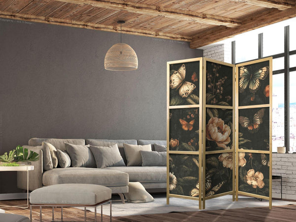 Paravento giapponese - Mysterious Garden - Butterflies Flying Over Flowers - Rustic Evening
