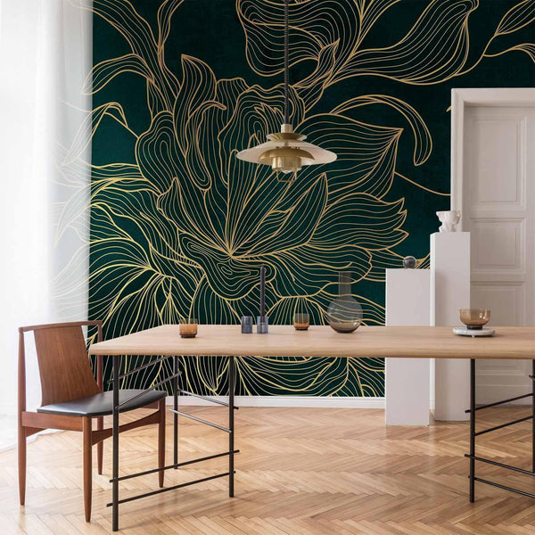 Carta da parati - Green boudoir - linear drawing of a flower in golden colours on a dark background