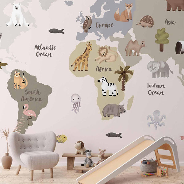Carta da parati - Pastel Map - Animals and Continents for Children's Room