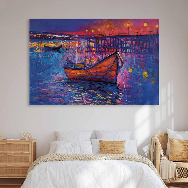 Quadro XXL - Modern impressionism - night landscape of a lake with a floating boat