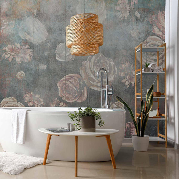 Carta da parati - Misty nature - muted rose flowers on a background in grey tones