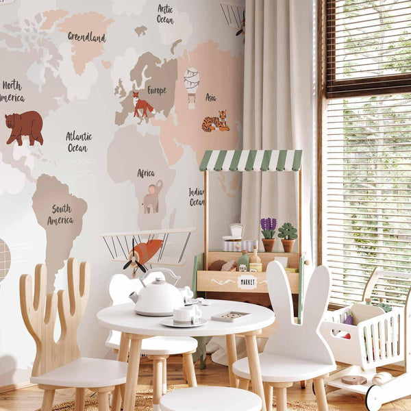 Carta da parati - Map in Shades of Beige - Continents With Animals