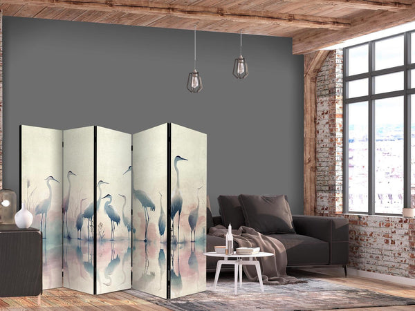 Paravento - Birds by the lake - herons painted in watercolours in delicate grey and pink colours